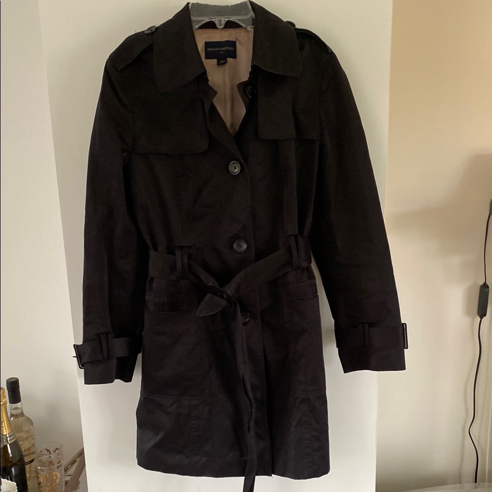 Banana Republic Black Single-Breasted Tench Coat Belted M